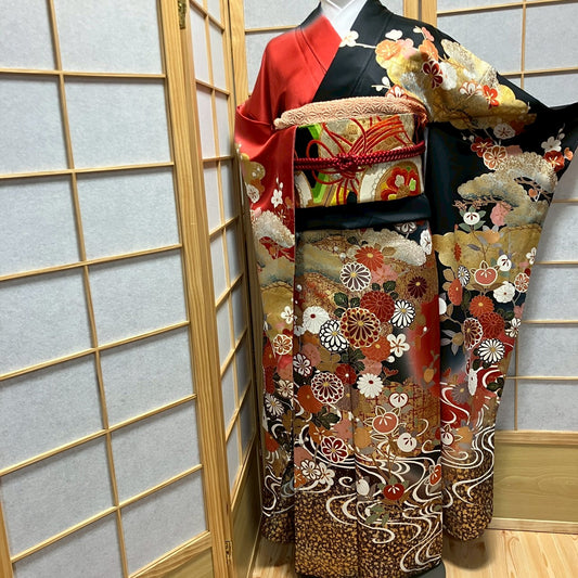 6781# Japanese Vintage Furisode Kimono Obi Obijime Obiage 4-Piece Set Silk Robe