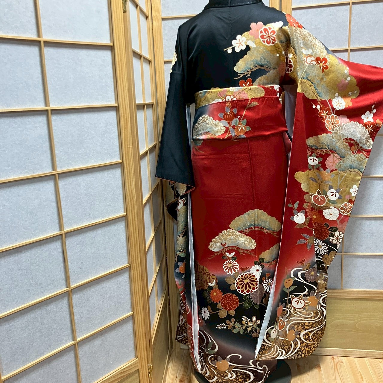 6781# Japanese Vintage Furisode Kimono Obi Obijime Obiage 4-Piece Set Silk Robe