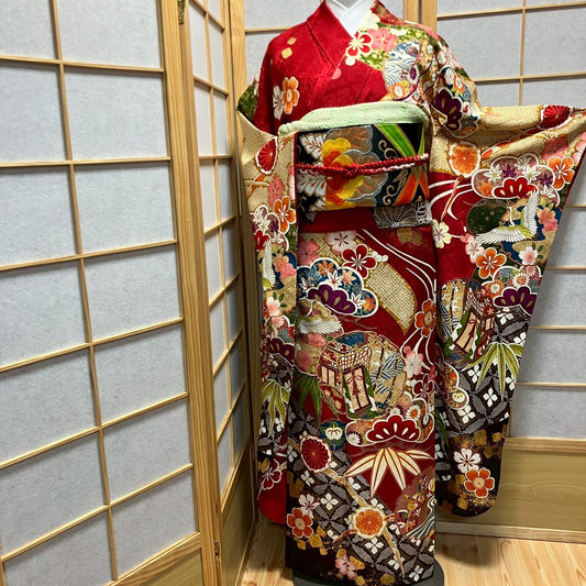 6783# Japanese Vintage Furisode Kimono Obi Obijime Obiage 4-Piece Set Silk Robe