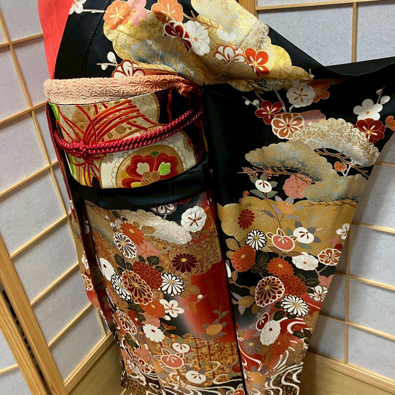 6781# Japanese Vintage Furisode Kimono Obi Obijime Obiage 4-Piece Set Silk Robe