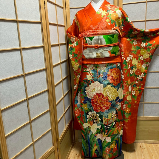 7122# Japanese Vintage Furisode Kimono Obi Obijime Obiage 4-Piece Set Silk Robe