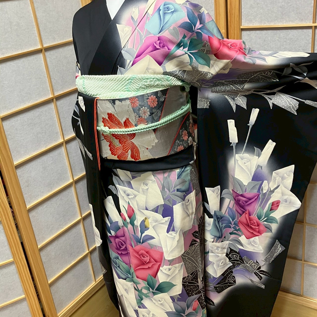 7123# Japanese Vintage Furisode Kimono Obi Obijime Obiage 4-Piece Set Silk Robe