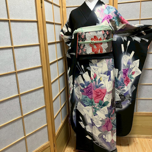 7123# Japanese Vintage Furisode Kimono Obi Obijime Obiage 4-Piece Set Silk Robe
