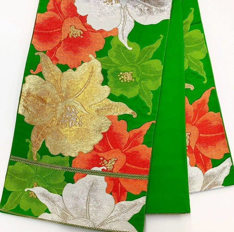 7122# Japanese Vintage Furisode Kimono Obi Obijime Obiage 4-Piece Set Silk Robe