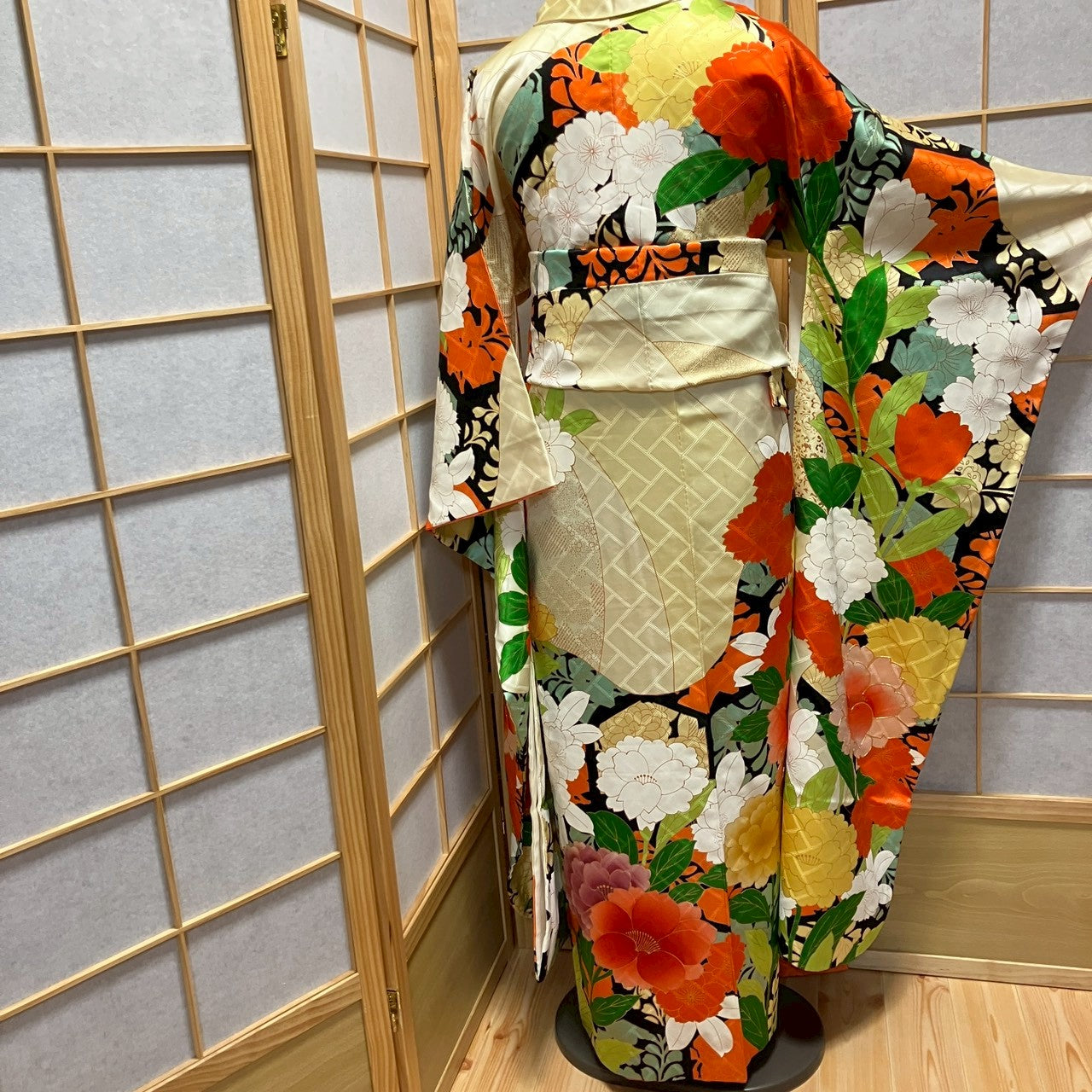 7143# Japanese Vintage Furisode Kimono Obi Obijime Obiage 4-Piece Set Silk Robe