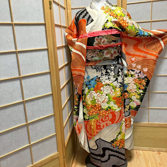 7219# Japanese Vintage Furisode Kimono Obi Obijime Obiage 4-Piece Set Silk Robe