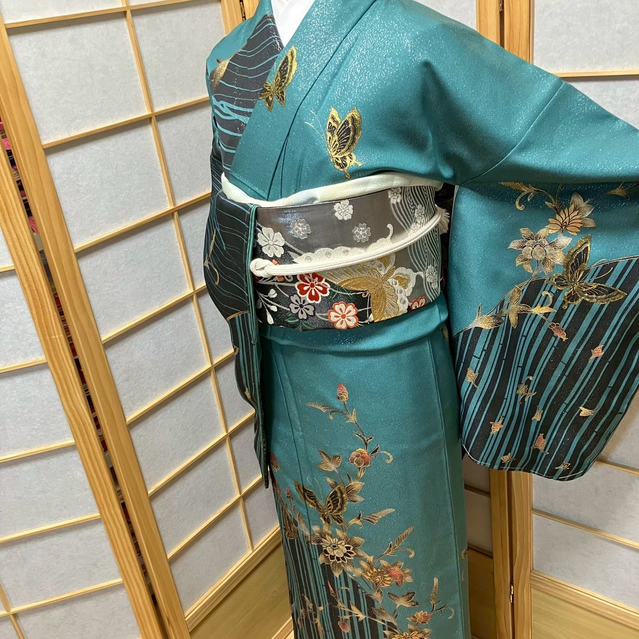 7482# Japanese Kimono Vintage Womens Silk Fabric Robe Kimono only sold Unused