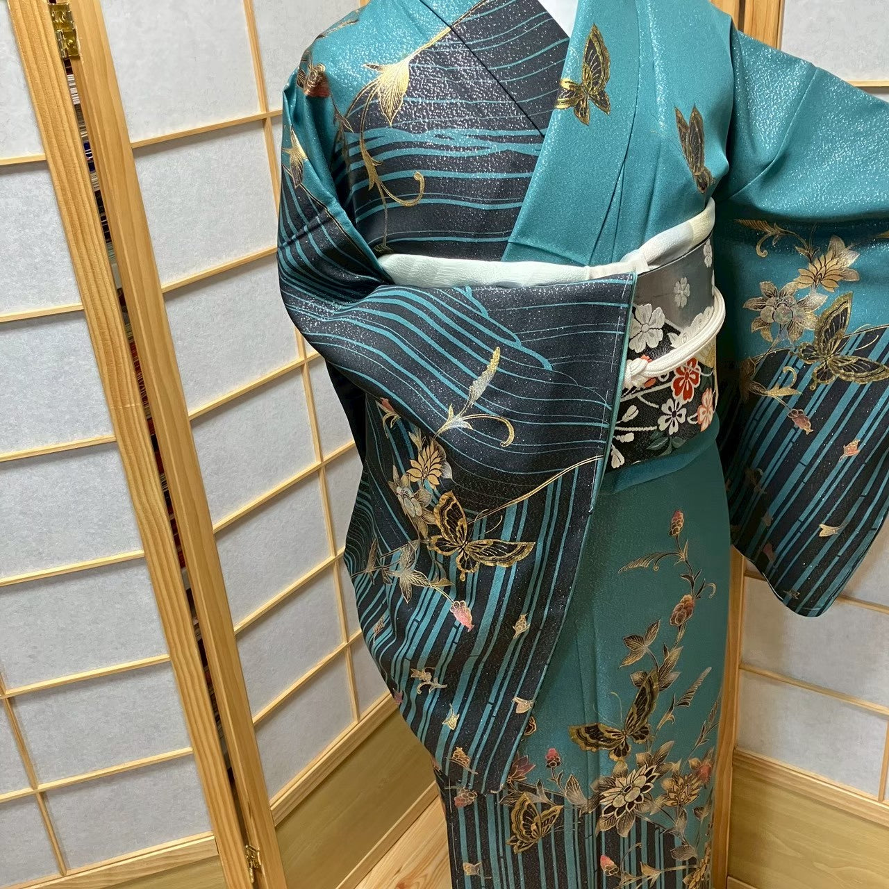 7482# Japanese Kimono Vintage Womens Silk Fabric Robe Kimono only sold Unused