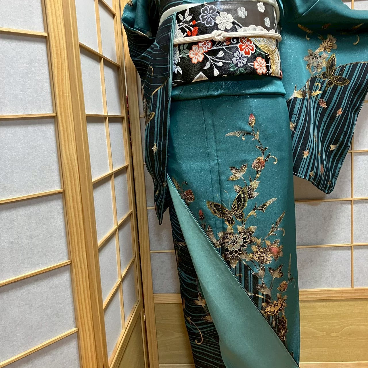 7482# Japanese Kimono Vintage Womens Silk Fabric Robe Kimono only sold Unused