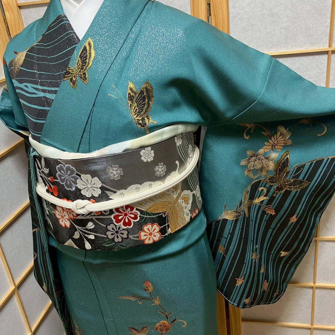 7482# Japanese Kimono Vintage Womens Silk Fabric Robe Kimono only sold Unused