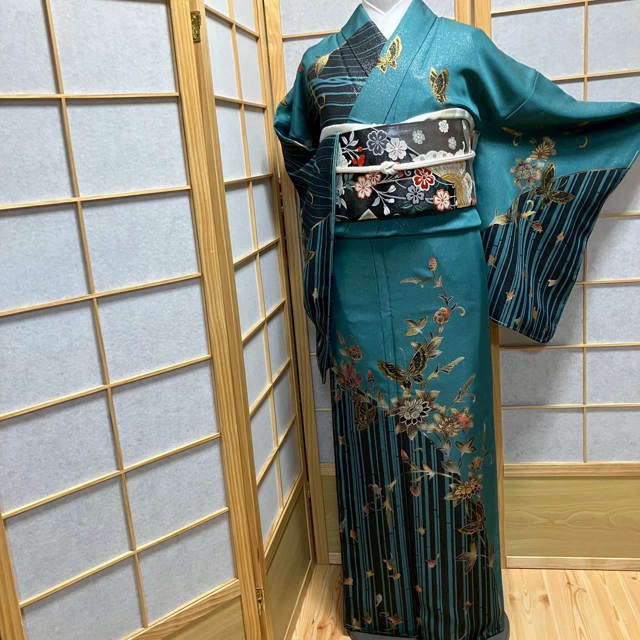 7482# Japanese Kimono Vintage Womens Silk Fabric Robe Kimono only sold Unused