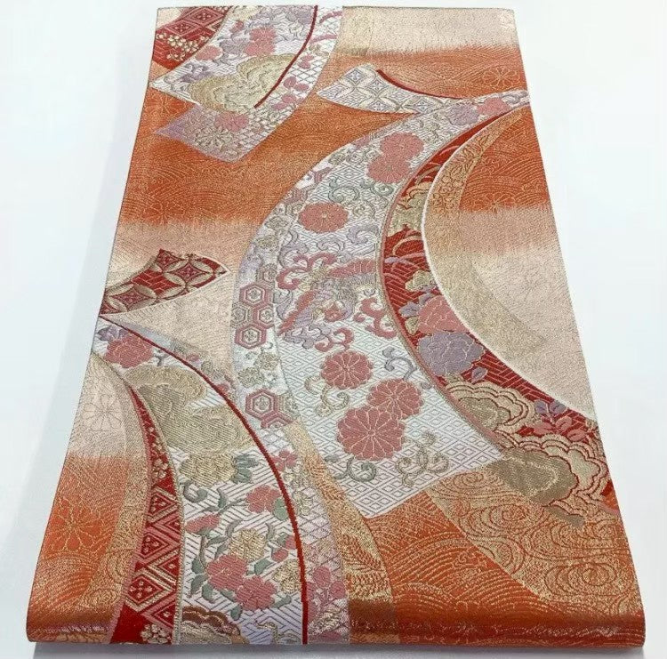 7533# Japanese Vintage Furisode Kimono Obi Obijime Obiage 4-Piece Set Silk Robe