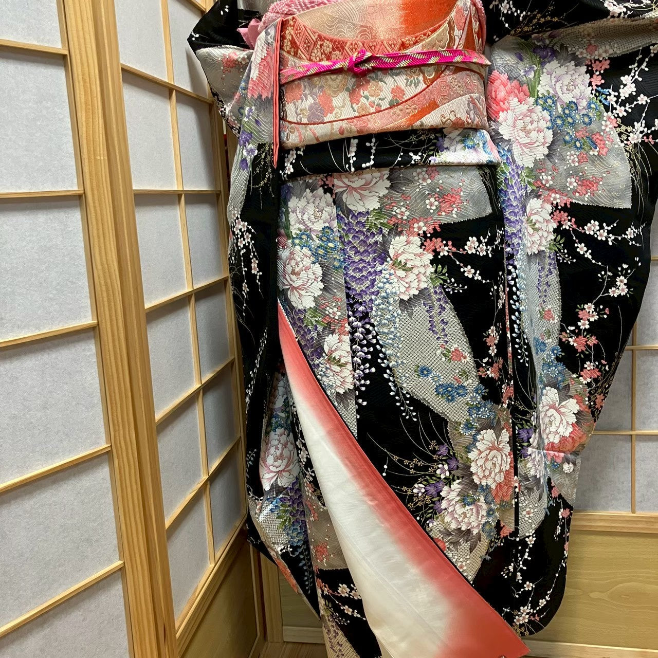 7533# Japanese Vintage Furisode Kimono Obi Obijime Obiage 4-Piece Set Silk Robe