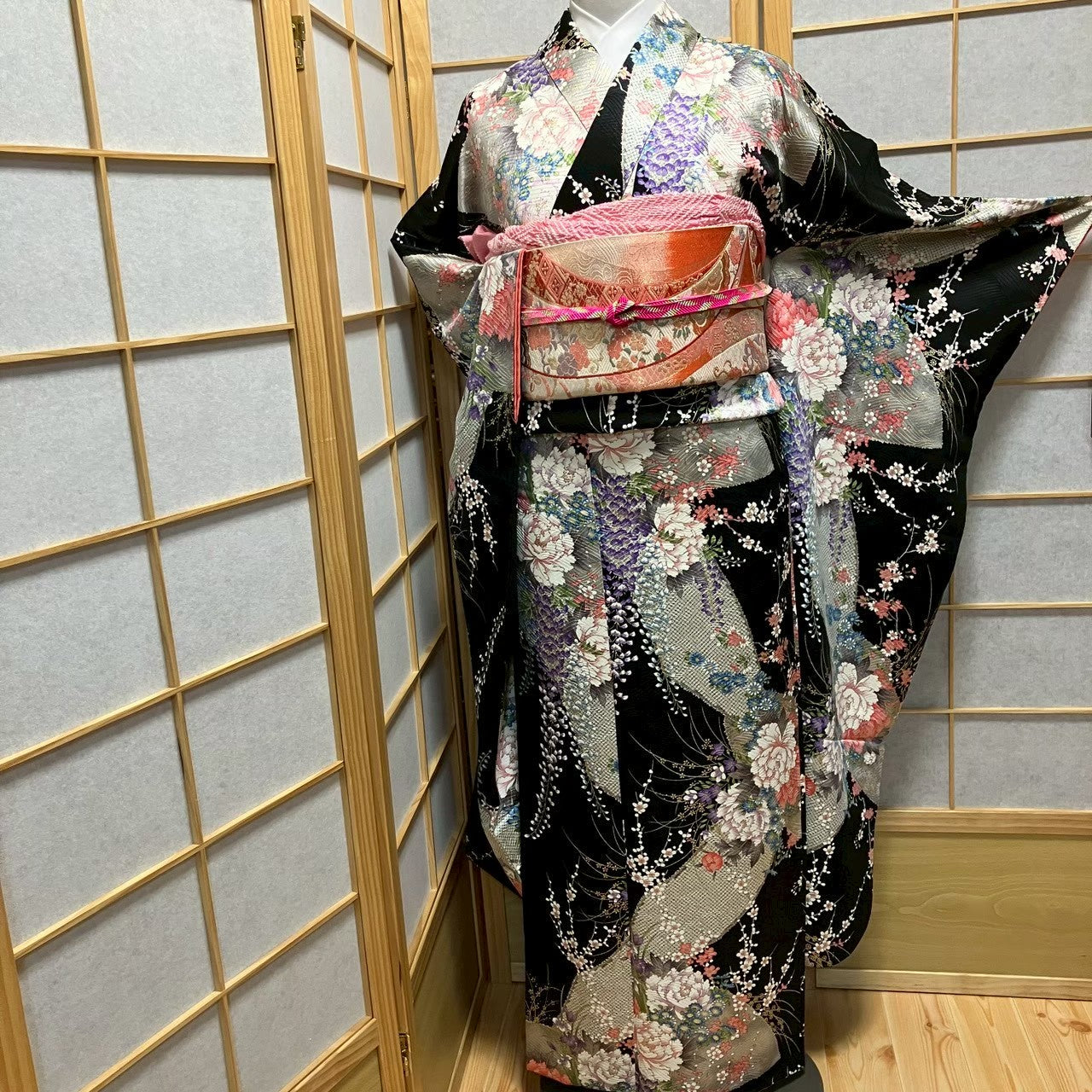 7533# Japanese Vintage Furisode Kimono Obi Obijime Obiage 4-Piece Set Silk Robe