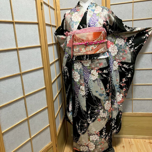 7533# Japanese Vintage Furisode Kimono Obi Obijime Obiage 4-Piece Set Silk Robe