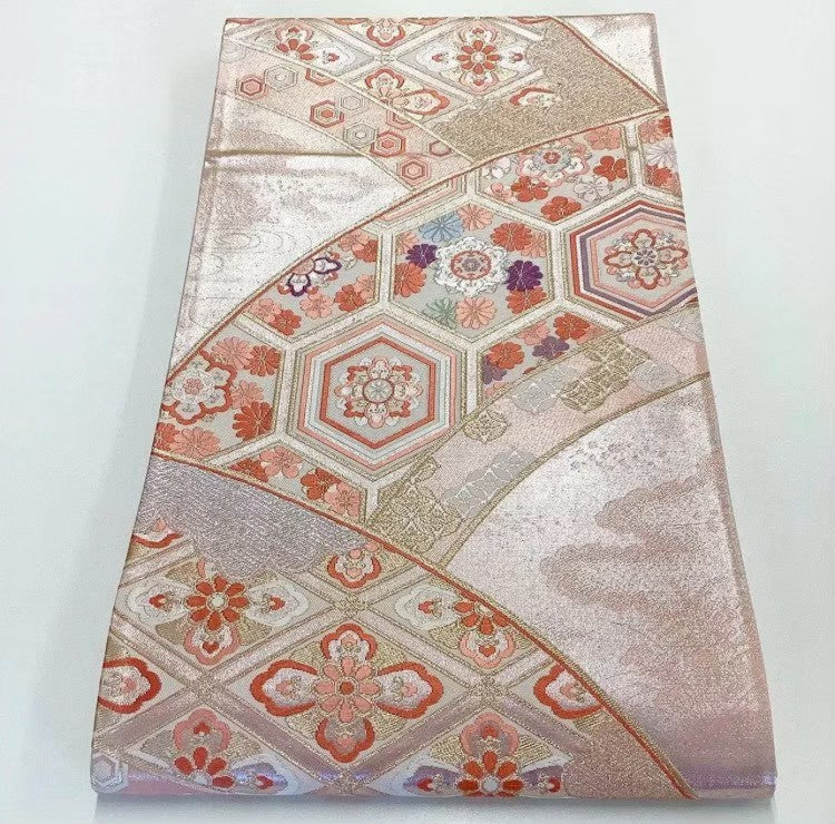 7535# Japanese Vintage Furisode Kimono Obi Obijime Obiage 4-Piece Set Silk Robe