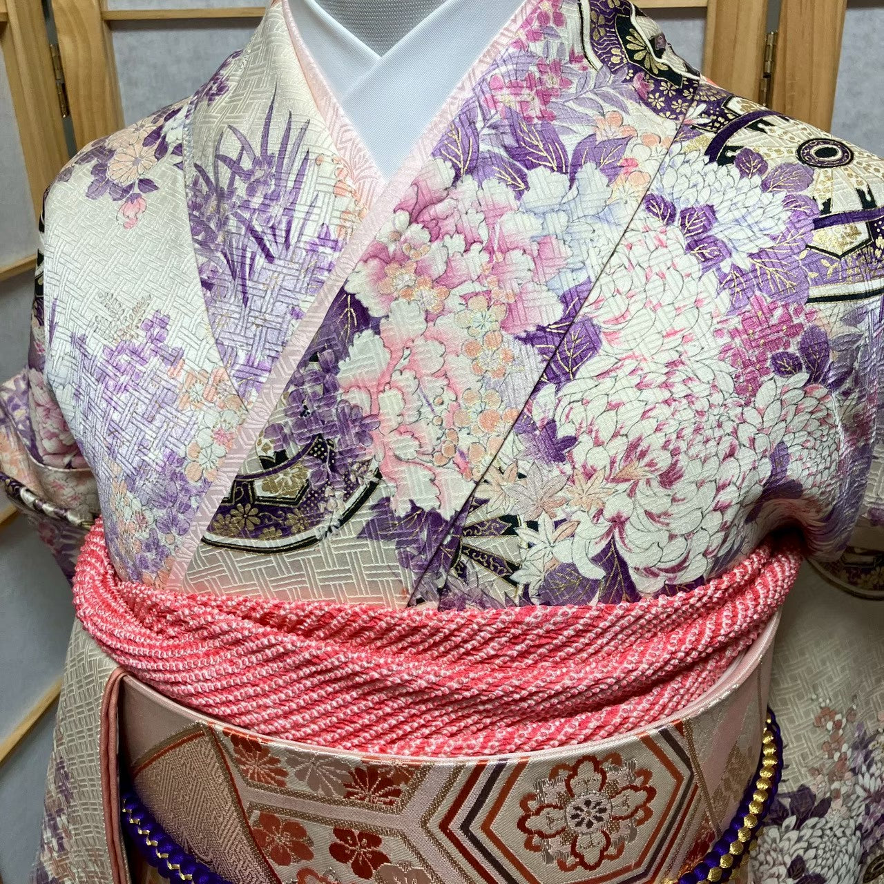 7535# Japanese Vintage Furisode Kimono Obi Obijime Obiage 4-Piece Set Silk Robe