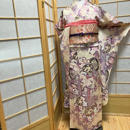 7535# Japanese Vintage Furisode Kimono Obi Obijime Obiage 4-Piece Set Silk Robe