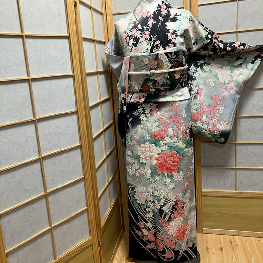 7542# Japanese Kimono Vintage Womens Silk Fabric Robe Kimono only sold Black