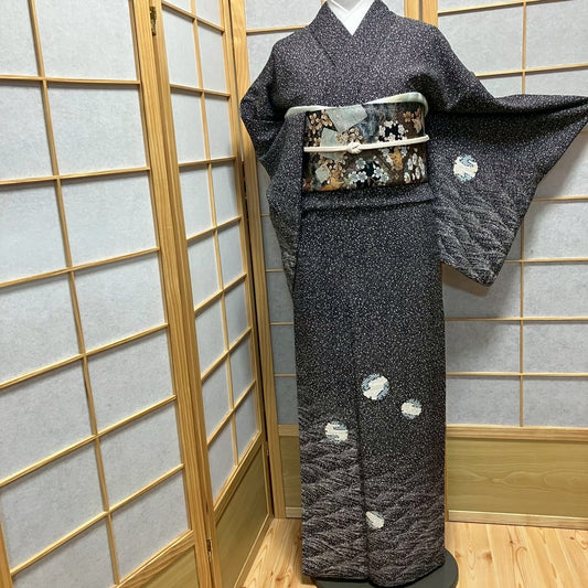 7802# Japanese Kimono Vintage Womens Silk Fabric Robe Kimono only sold Black