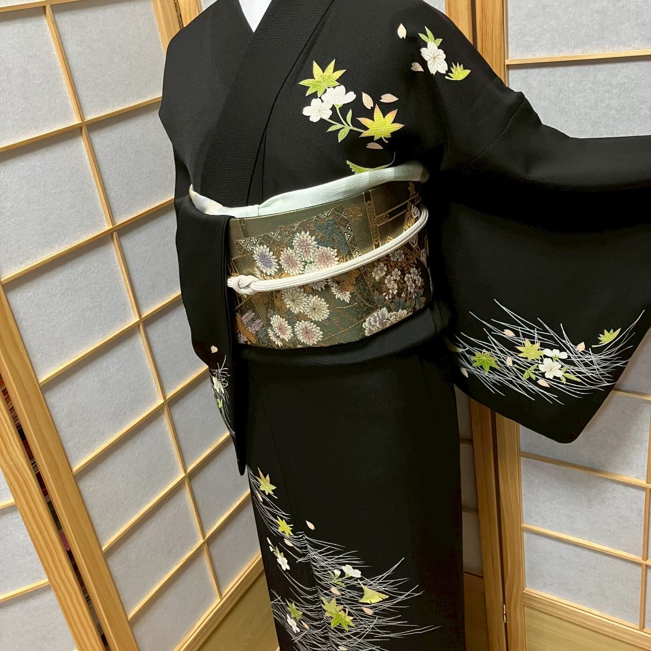 7816# Japanese Kimono Vintage Womens Silk Fabric Robe Kimono only sold Black