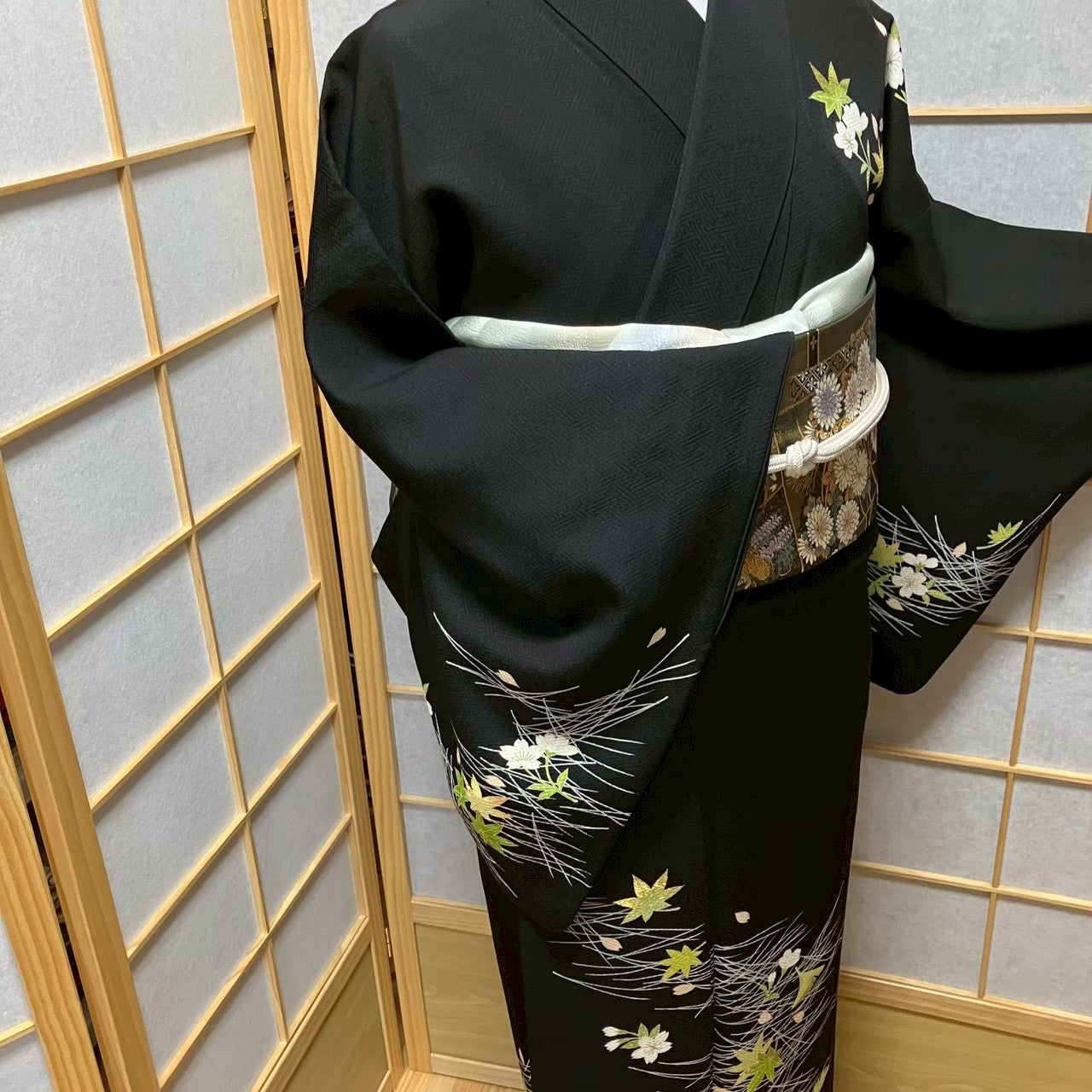 7816# Japanese Kimono Vintage Womens Silk Fabric Robe Kimono only sold Black