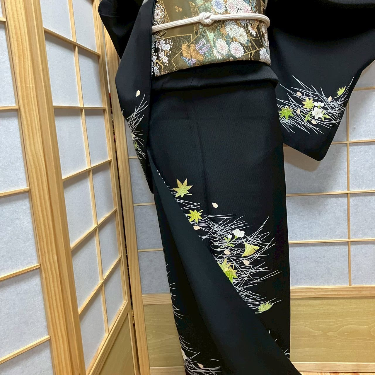 7816# Japanese Kimono Vintage Womens Silk Fabric Robe Kimono only sold Black