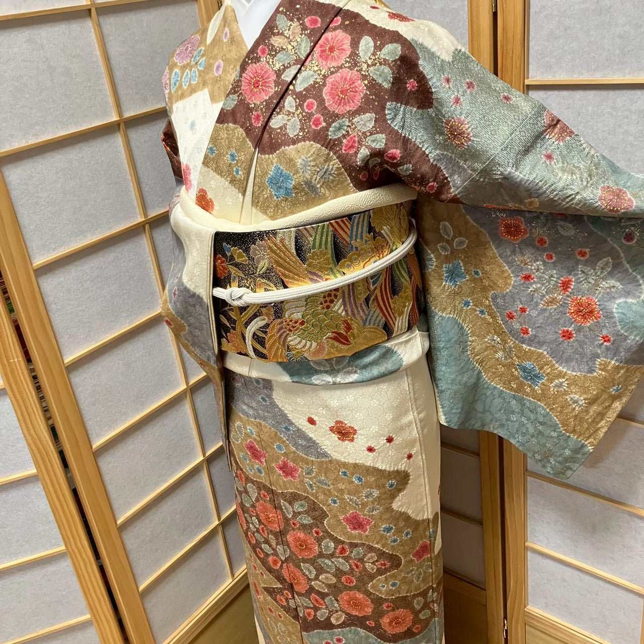8076# Japanese Kimono Vintage Womens Silk Fabric Robe Kimono only sold Shibori
