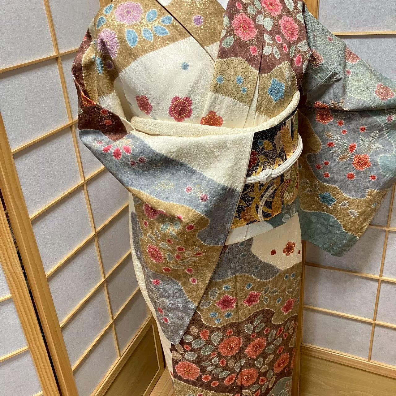 8076# Japanese Kimono Vintage Womens Silk Fabric Robe Kimono only sold Shibori