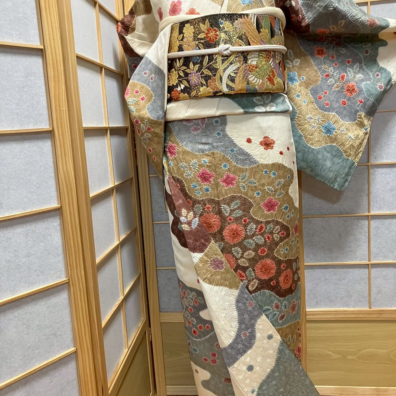 8076# Japanese Kimono Vintage Womens Silk Fabric Robe Kimono only sold Shibori