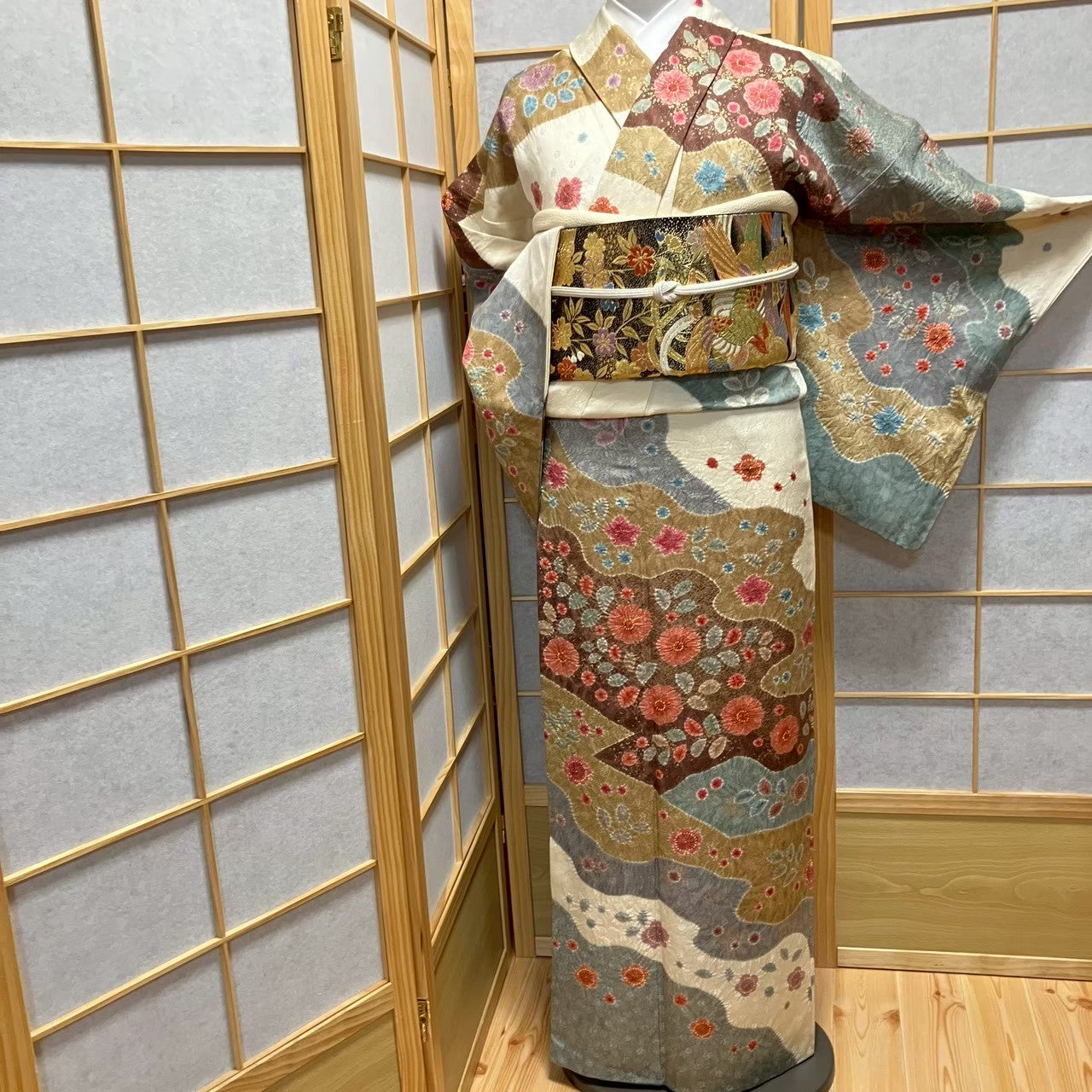 8076# Japanese Kimono Vintage Womens Silk Fabric Robe Kimono only sold Shibori