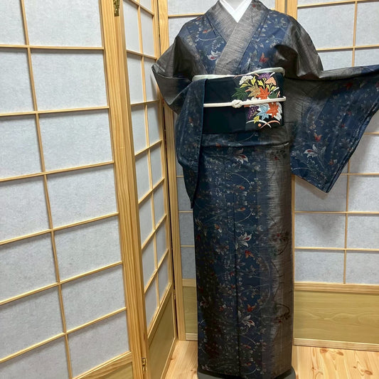 8123# Japanese Kimono Vintage Womens Silk Pongee Fabric Robe Kimono only sold