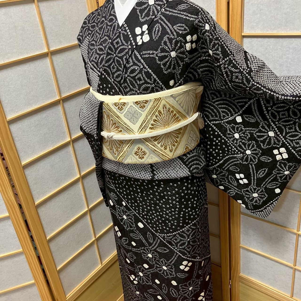 8097# Japanese Kimono Vintage Womens Silk Fabric Robe Kimono only sold Shibori