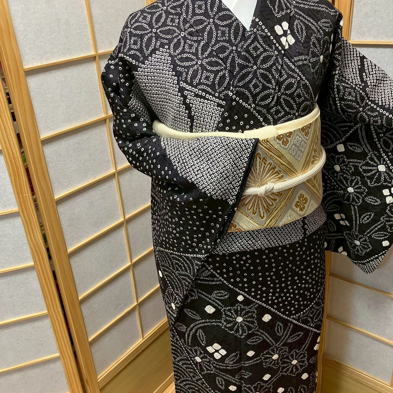 8097# Japanese Kimono Vintage Womens Silk Fabric Robe Kimono only sold Shibori