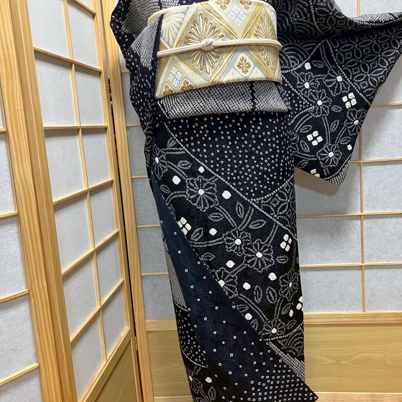 8097# Japanese Kimono Vintage Womens Silk Fabric Robe Kimono only sold Shibori