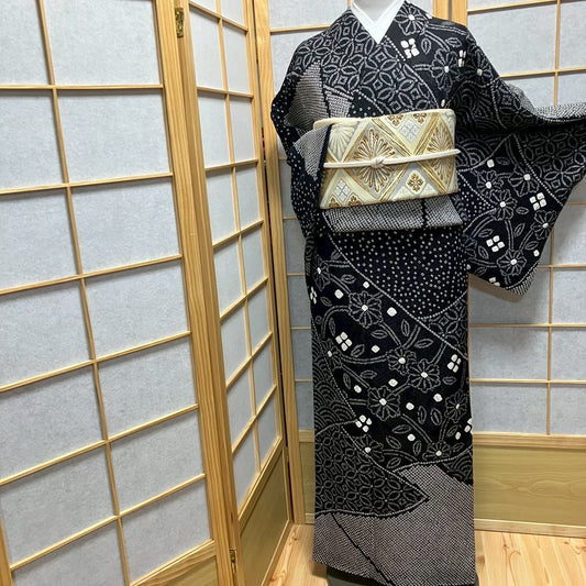 8097# Japanese Kimono Vintage Womens Silk Fabric Robe Kimono only sold Shibori
