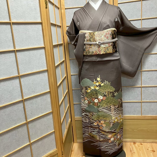8129# Japanese Tomesode Kimono Vintage Womens Silk Fabric Robe Kimono only sold