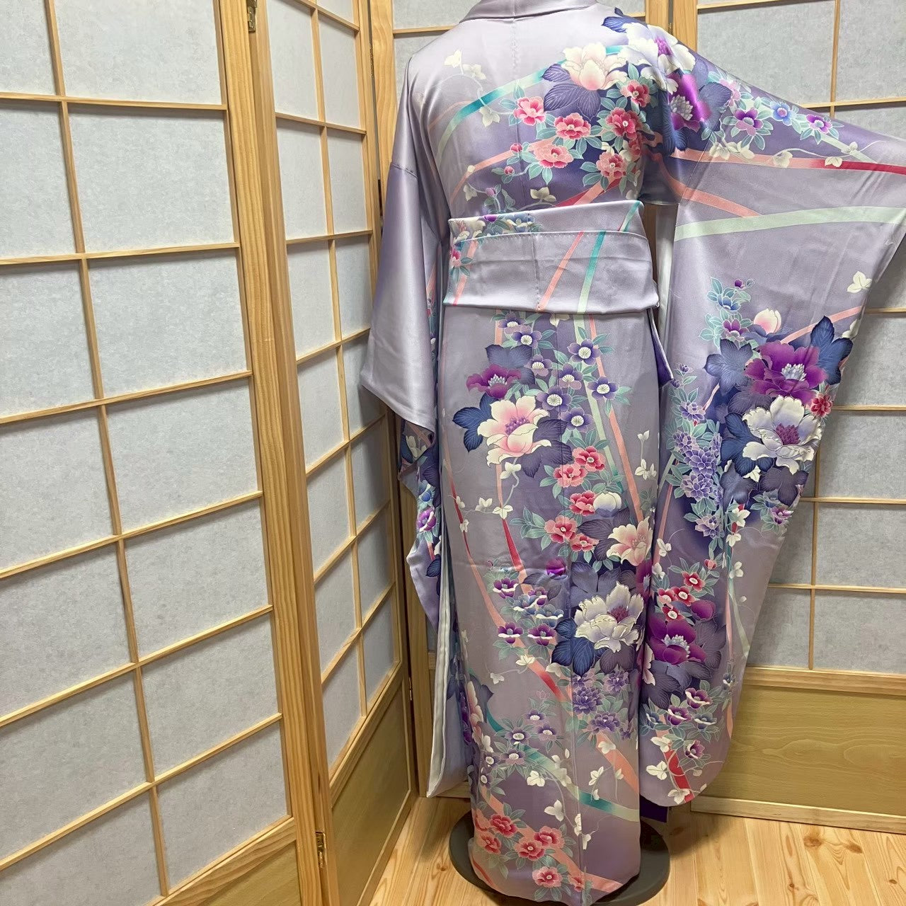 8174# Japanese Vintage Furisode Kimono Obi Obijime Obiage 4-Piece Set Silk Robe