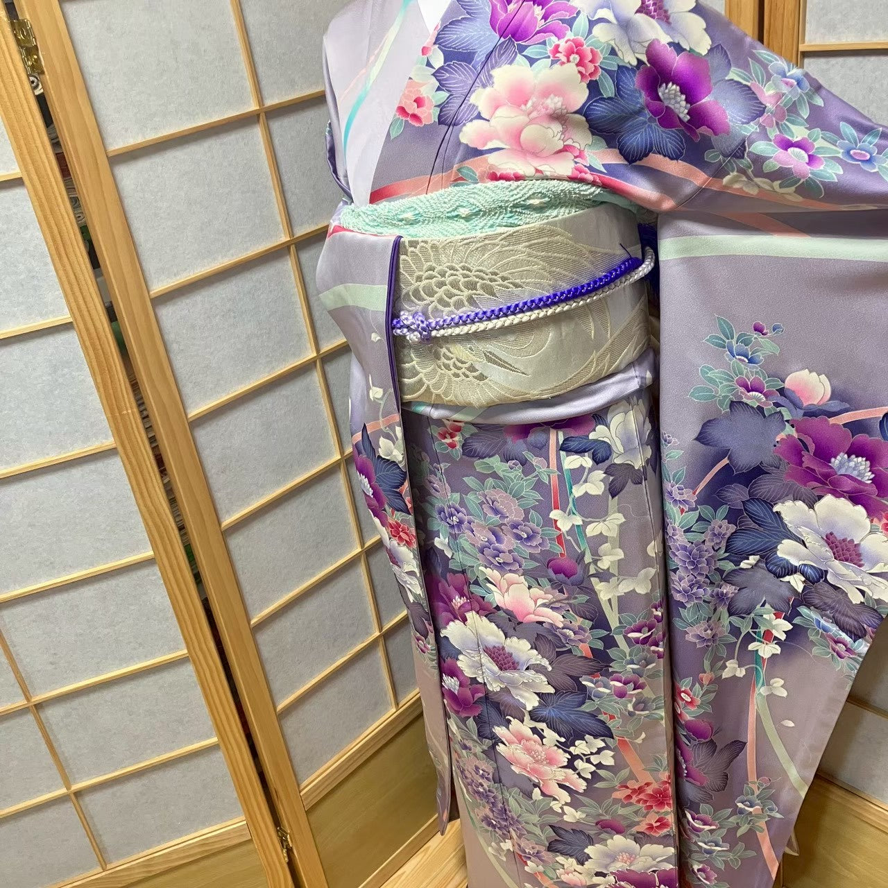 8174# Japanese Vintage Furisode Kimono Obi Obijime Obiage 4-Piece Set Silk Robe