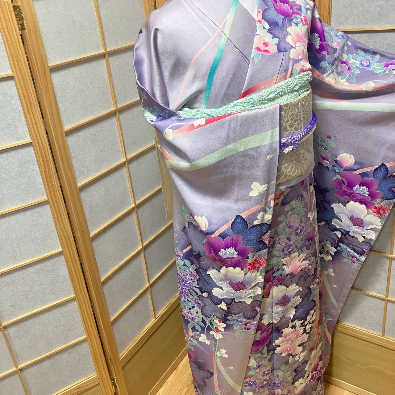 8174# Japanese Vintage Furisode Kimono Obi Obijime Obiage 4-Piece Set Silk Robe