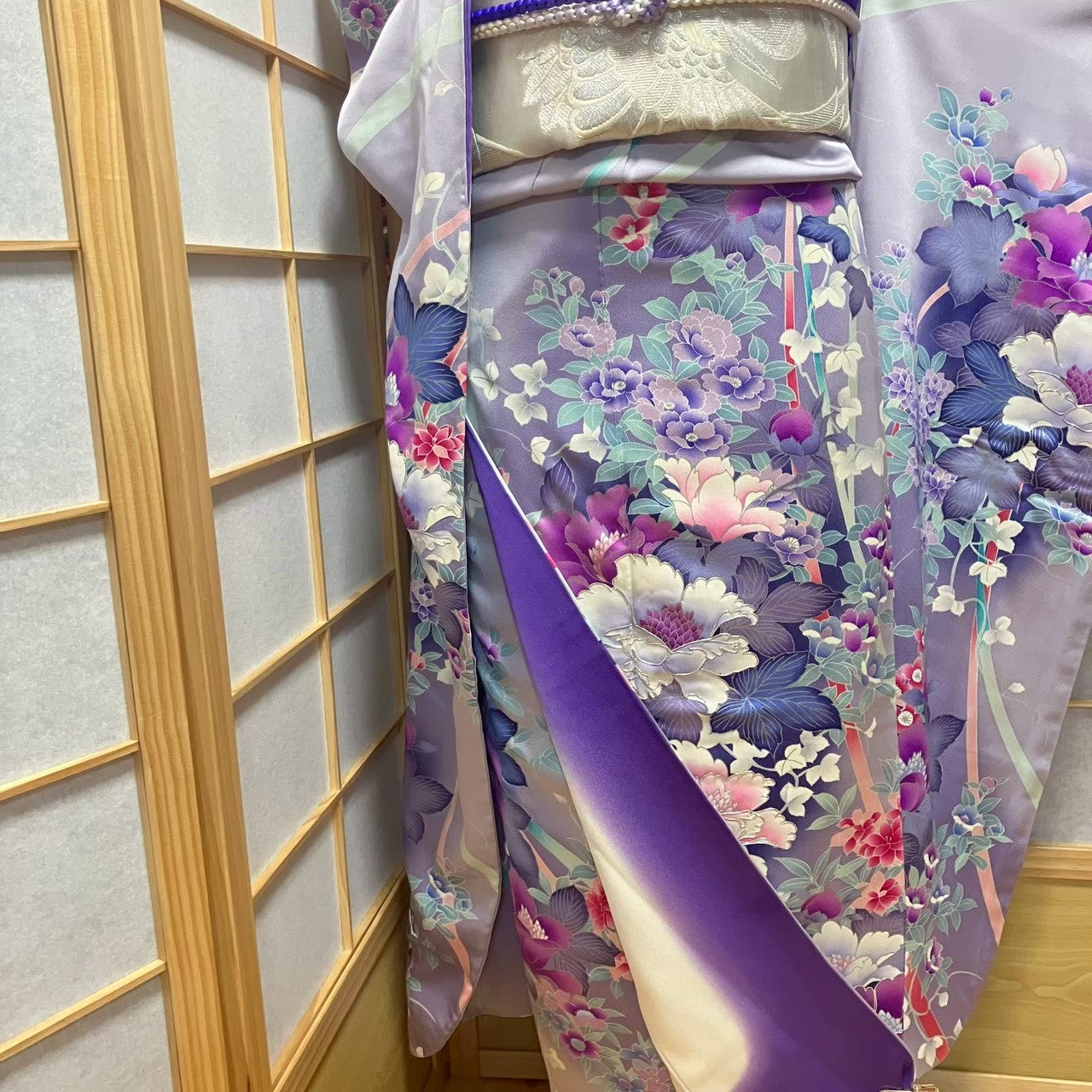 8174# Japanese Vintage Furisode Kimono Obi Obijime Obiage 4-Piece Set Silk Robe