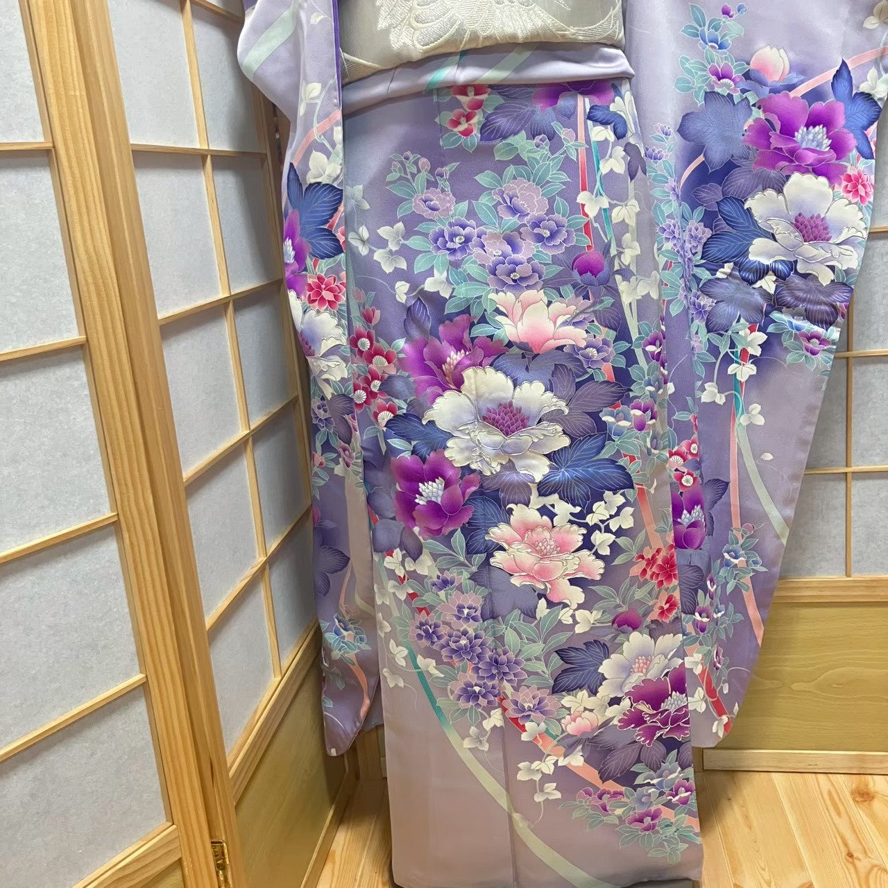 8174# Japanese Vintage Furisode Kimono Obi Obijime Obiage 4-Piece Set Silk Robe