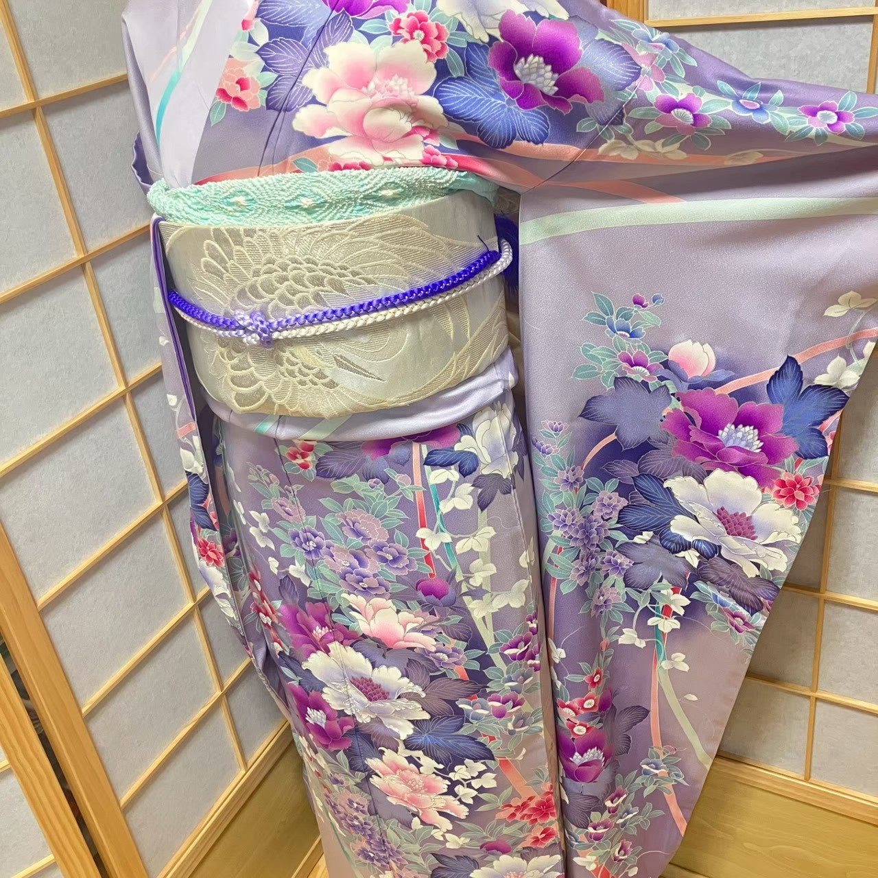8174# Japanese Vintage Furisode Kimono Obi Obijime Obiage 4-Piece Set Silk Robe