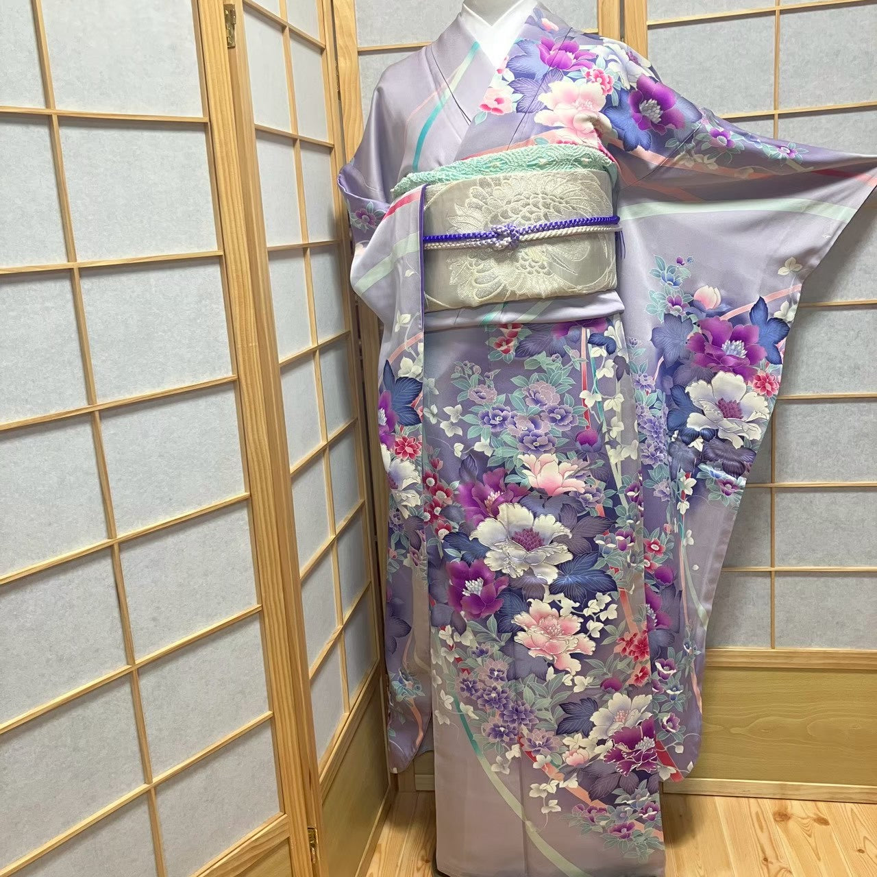 8174# Japanese Vintage Furisode Kimono Obi Obijime Obiage 4-Piece Set Silk Robe
