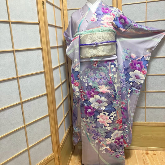 8174# Japanese Vintage Furisode Kimono Obi Obijime Obiage 4-Piece Set Silk Robe