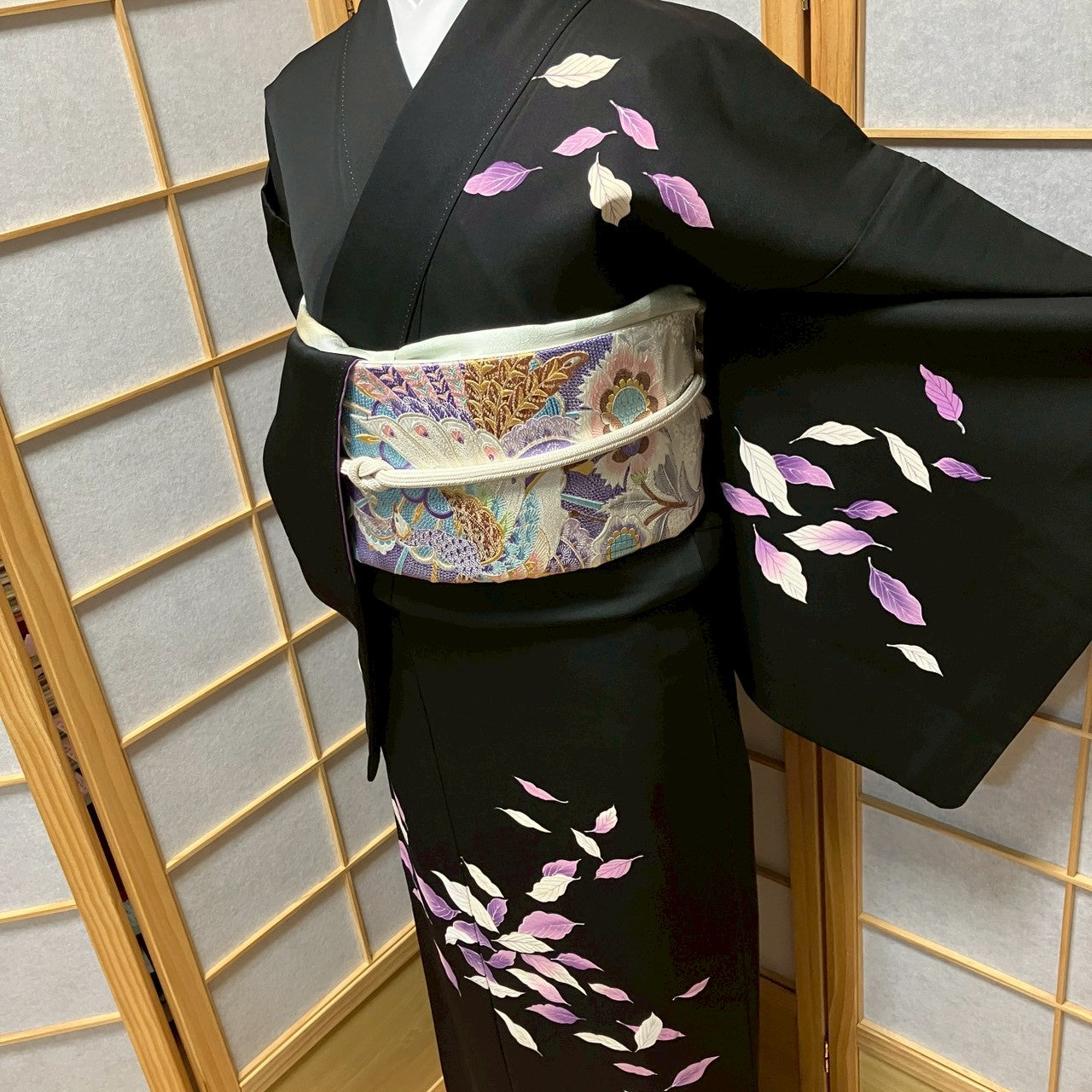 8178# Japanese Kimono Vintage Womens Silk Fabric Robe Kimono only sold Black
