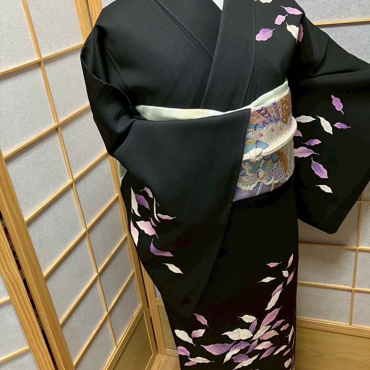 8178# Japanese Kimono Vintage Womens Silk Fabric Robe Kimono only sold Black