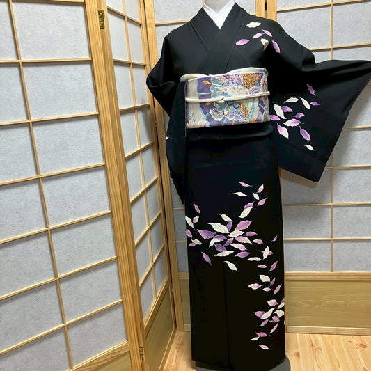 8178# Japanese Kimono Vintage Womens Silk Fabric Robe Kimono only sold Black