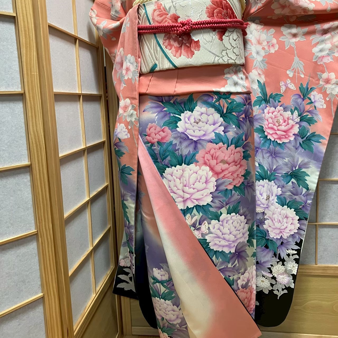 8183# Japanese Vintage Furisode Kimono Obi Obijime Obiage 4-Piece Set Silk Robe