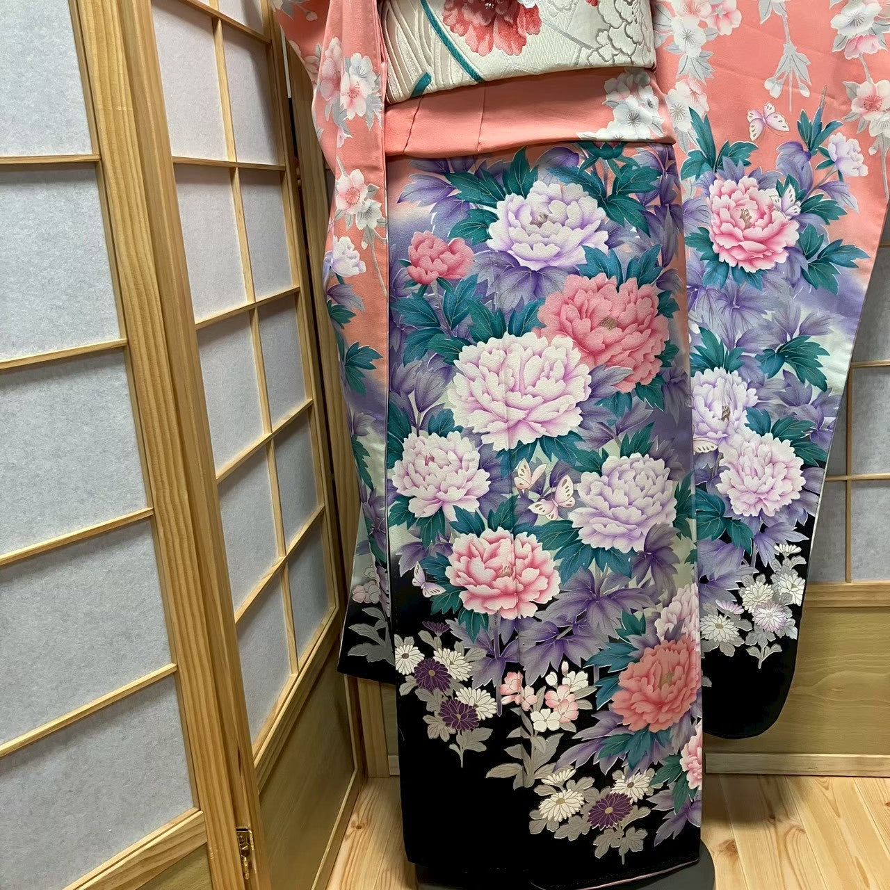 8183# Japanese Vintage Furisode Kimono Obi Obijime Obiage 4-Piece Set Silk Robe